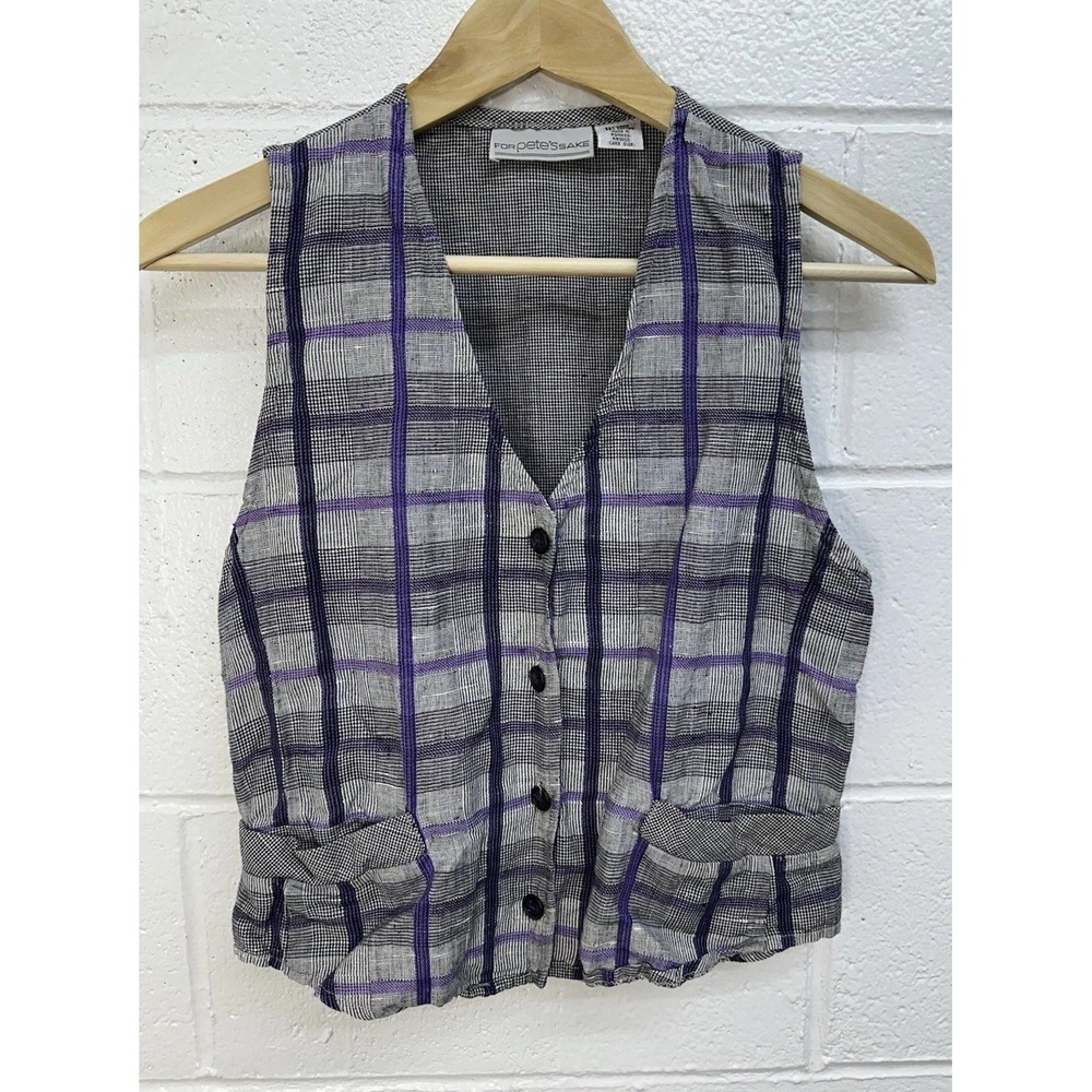 For Pete's Sake Vest Purple Gray Plaid Y2K Linen Cotton / Women's‎ Small